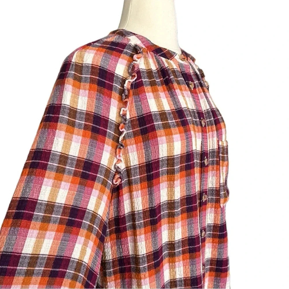 PILCRO Anthropologie Plaid Flannel Button Down Shirt Western Boho Ruffle Trim M - Picture 5 of 16